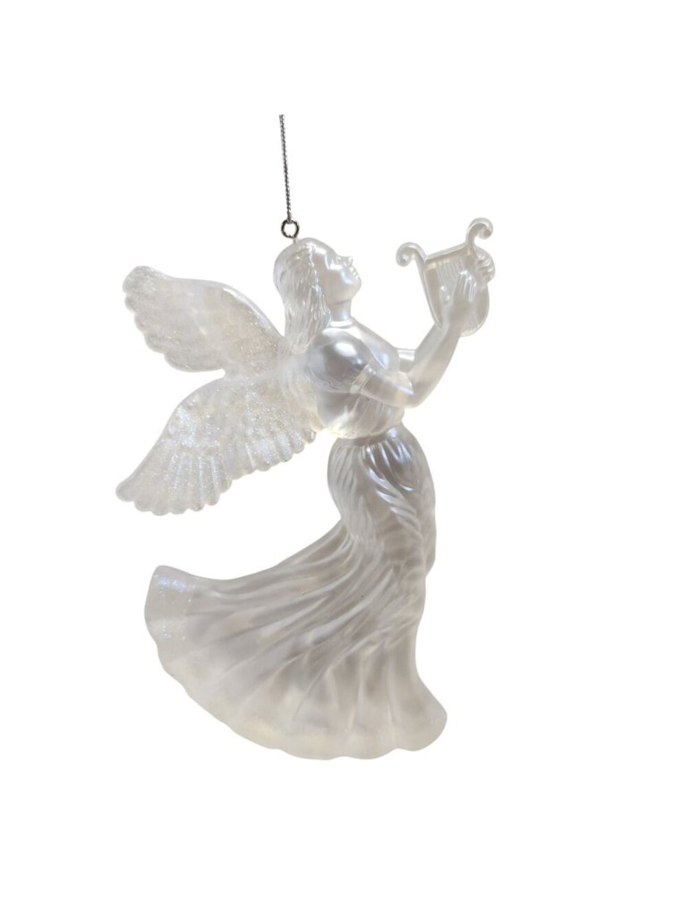 Frosted Angel Ornament Playing Lyre – Pearlescent Plastic Christmas Décor